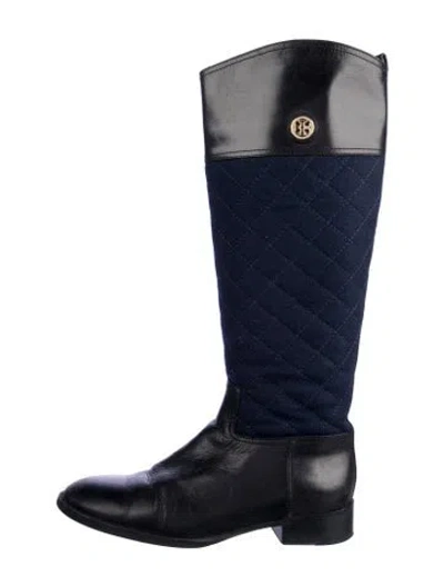 Pre-owned Tory Burch Quilted Pattern Leather Riding Boots In Blue