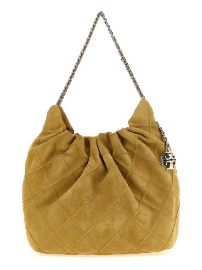 Tory Burch Quilted Suede Hobo Shoulder Bag In White