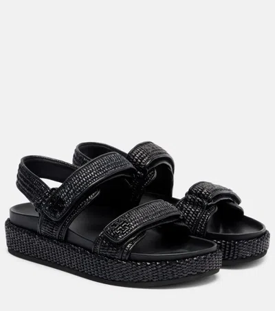 Tory Burch Raffia And Leather Sandals In Black