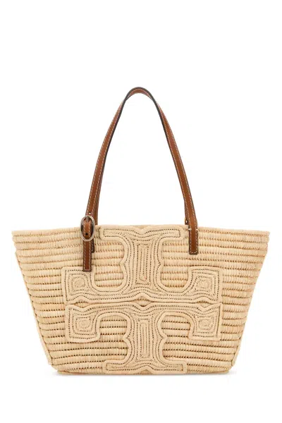 Tory Burch Raffia Ella Shopping Handbag With Golden Metal Hardware In Nude