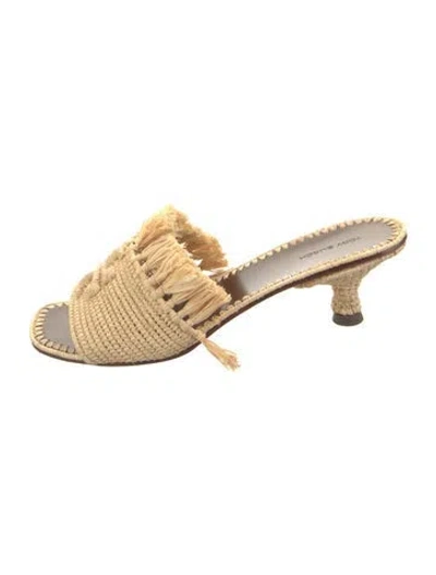 Pre-owned Tory Burch Raffia Fringe Trim Accent Slides In Brown