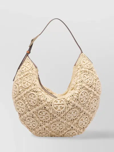 Tory Burch Raffia Monogram Balloon Crochet Shoulder Bag In Neutral