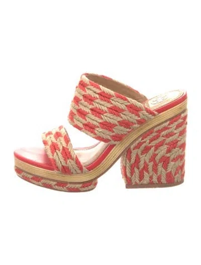 Pre-owned Tory Burch Raffia Patterned Slides In Red