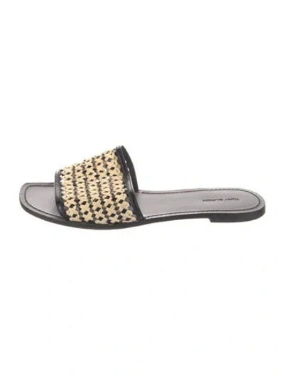 Pre-owned Tory Burch Raffia Printed Slides In Black