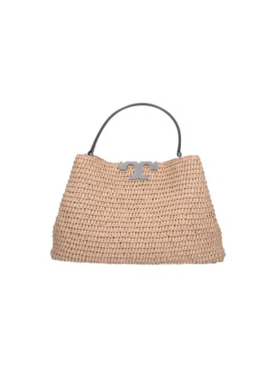 Tory Burch Raffia Small Shopper Bag With Leather Trim In Beige