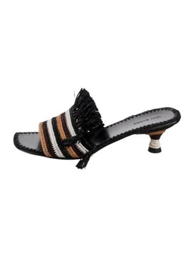 Pre-owned Tory Burch Raffia Striped Slides In Black