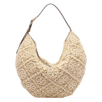 Tory Burch Raffia T Monogram Balloon Bag In Sand