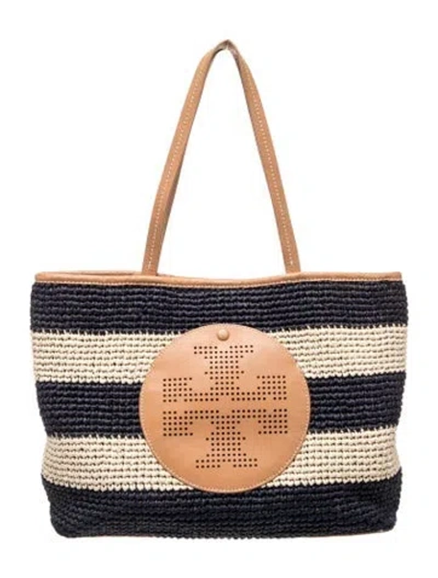 Pre-owned Tory Burch Raffia Tote In Blue/neutrals
