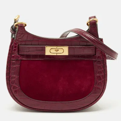 Pre-owned Tory Burch Red Croc Embossed Leather And Suede Lee Radziwill Saddle Bag