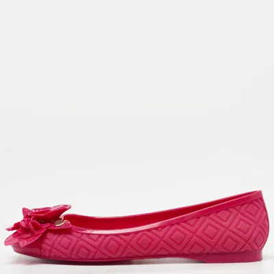 Pre-owned Tory Burch Red Rubber Bow Ballet Flats Size 35 In Pink