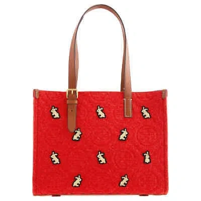 Pre-owned Tory Burch Red Small Rabbit T Monogram Embroidered Tote 143382-601