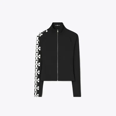 Tory Burch Reflective Nylon Logo Zip Top In Black