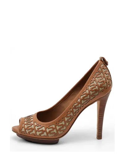 Pre-owned Tory Burch Regan Peep-toe Pumps In Brown
