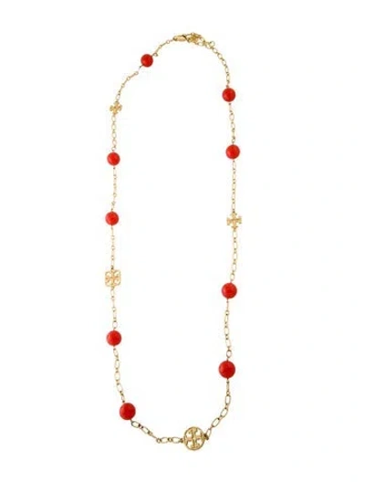 Pre-owned Tory Burch Resin Evie Beaded Logo Station Necklace, 42" In Orange