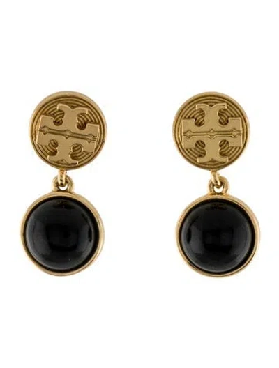 Pre-owned Tory Burch Resin Logo Drop Earrings In Black