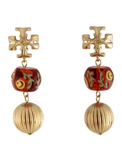 Pre-owned Tory Burch Resin Roxanne Double Drop Earrings In Green/orange/yellow