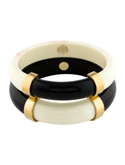 Pre-owned Tory Burch Resin Tomi Bangle Bracelet, 8" In Blac/neutrals