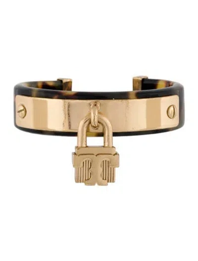 Pre-owned Tory Burch Resin Tortoise Logo Charm Cuff Bracelet, 6" In Brown
