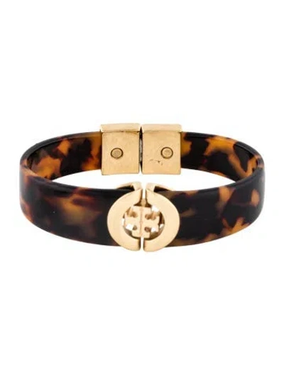 Pre-owned Tory Burch Resin, Tortoise Shell Logo Hinged Bangle Bracelet, 7" In Multi