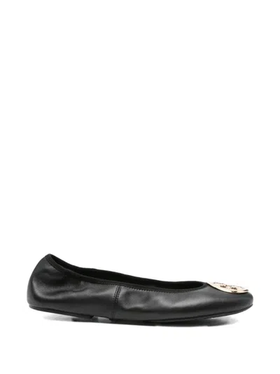 Tory Burch Black Ballerinas With Logo Plaque On The Front In Leather Woman