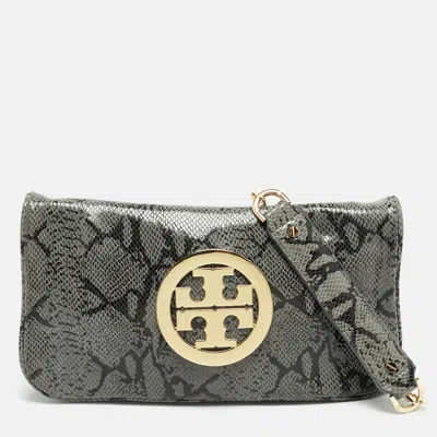 Pre-owned Tory Burch Reva Flap Grey Python Print Suede Shoulder Bag In Gray