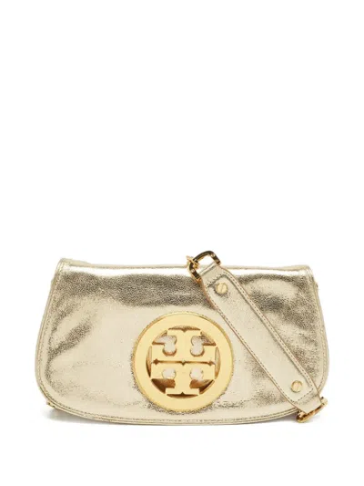 Pre-owned Tory Burch Reva Leather Logo Clutch Bag In Gold