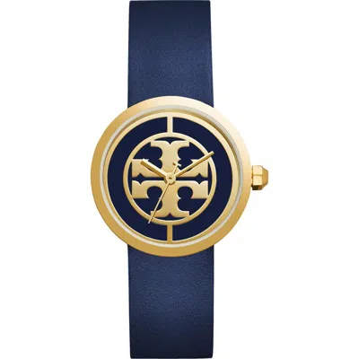 Tory Burch Reva Logo Dial Leather Strap Watch, 36mm In Blue
