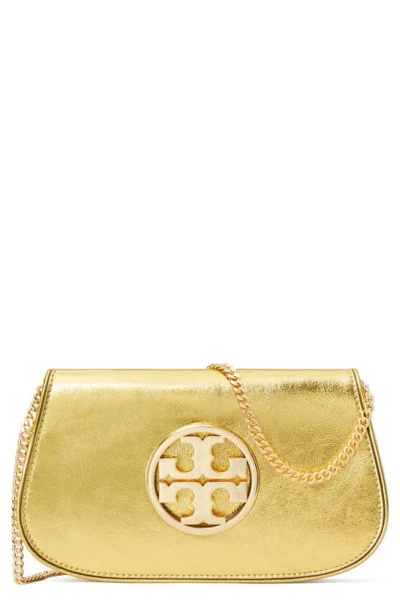 Tory Burch Reva Metallic Leather Clutch In Gold Rush