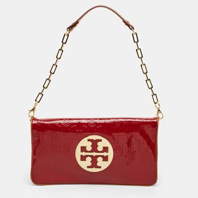 Pre-owned Tory Burch Reva Monogram Embossed Patent Leather Shoulder Bag In Red