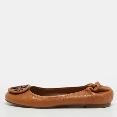 Pre-owned Tory Burch Reva Size 35 Brown Leather Scrunch Ballet Flats