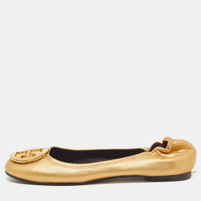 Pre-owned Tory Burch Reva Size 35 Gold Leather Ballet Flats