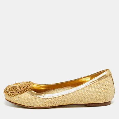 Pre-owned Tory Burch Reva Size 35 Gold/brown Raffia And Leather Logo Ballet Flats