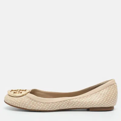 Pre-owned Tory Burch Reva Size 36.5 Beige Snake Print Leather Ballet Flats In Sand