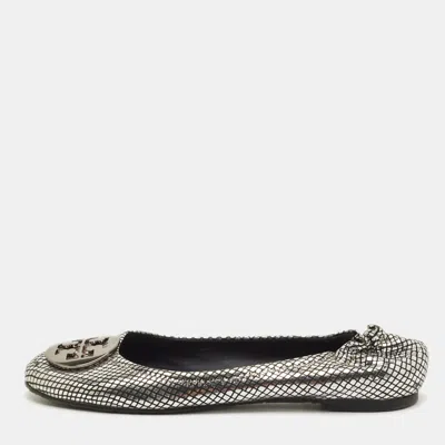 Pre-owned Tory Burch Reva Size 39 Metallic Silver/black Leather Ballet Flats