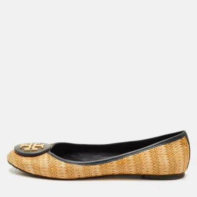 Pre-owned Tory Burch Reva Size 39.5 Beige/dark Green Raffia And Leather Ballet Flats In Sand
