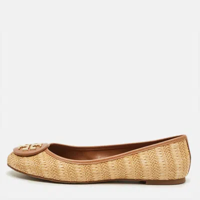 Pre-owned Tory Burch Reva Size 40.5 Beige/brown Leather Raffia Ballet Flats In Sand
