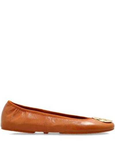 Tory Burch Minnie Leather Logo Travel Ballerina Flats In Brown