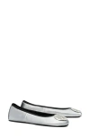 Tory Burch Silver Colored Ballerinas With Logo Plaque On The Front And Elasticated Design In Leather Woman In Gray