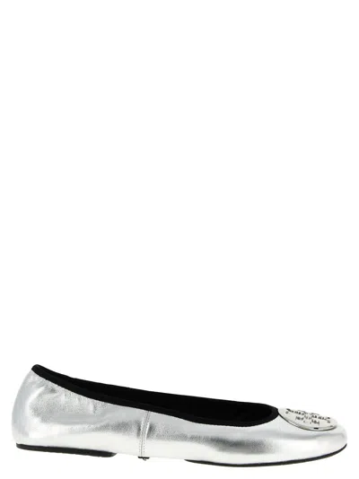 Tory Burch Silver Colored Ballerinas With Logo Plaque On The Front And Elasticated Design In Leather Woman
