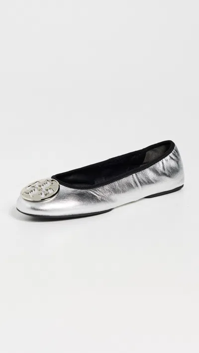 Tory Burch Minnie Travel Leather Ballet Flats In Silver