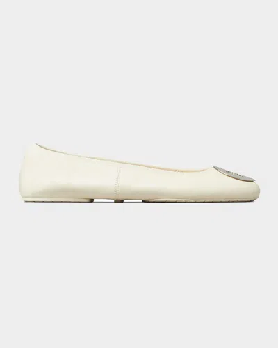 Tory Burch Reva Travel Leather Ballet Flats In White