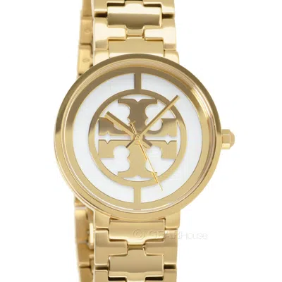 Pre-owned Tory Burch Reva Womens Gold Watch, White Double-t Logo Dial, Stainless Steel