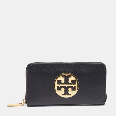 Pre-owned Tory Burch Reva Zip Black Leather Continental Wallet