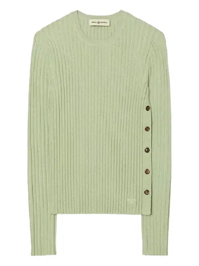 Tory Burch Ribbed Button-detail Top In Green
