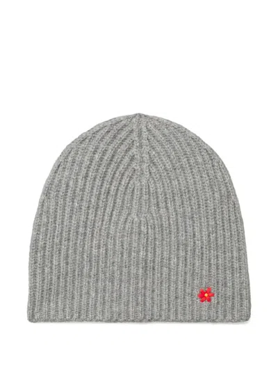 Tory Burch Ribbed Flower-detail Beanie Hat In Gray