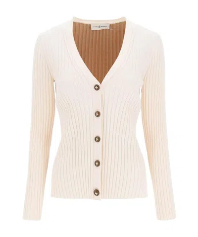 Tory Burch Ribbed-knit Button-up Cardigan In White