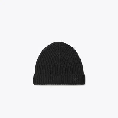 Tory Burch Ribbed Knit Cashmere Beanie In Black