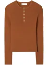 Tory Burch Ribbed Viscose Henley In Brown