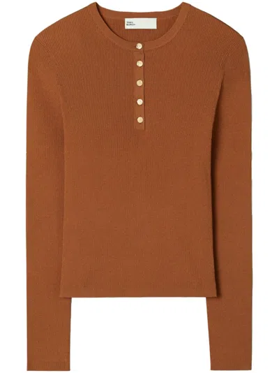 TORY BURCH RIBBED-KNIT HENLEY TOP