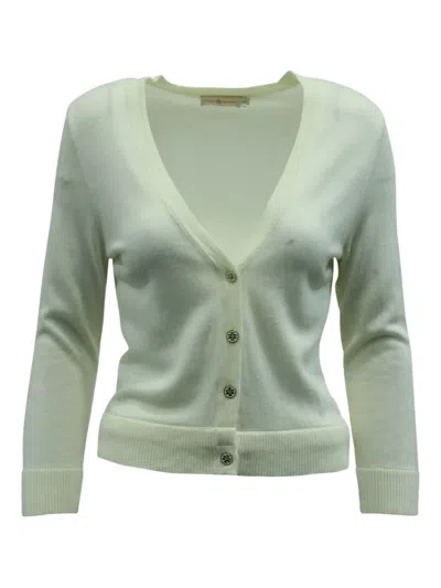Pre-owned Tory Burch Ribbed V-neck Cardigan In White